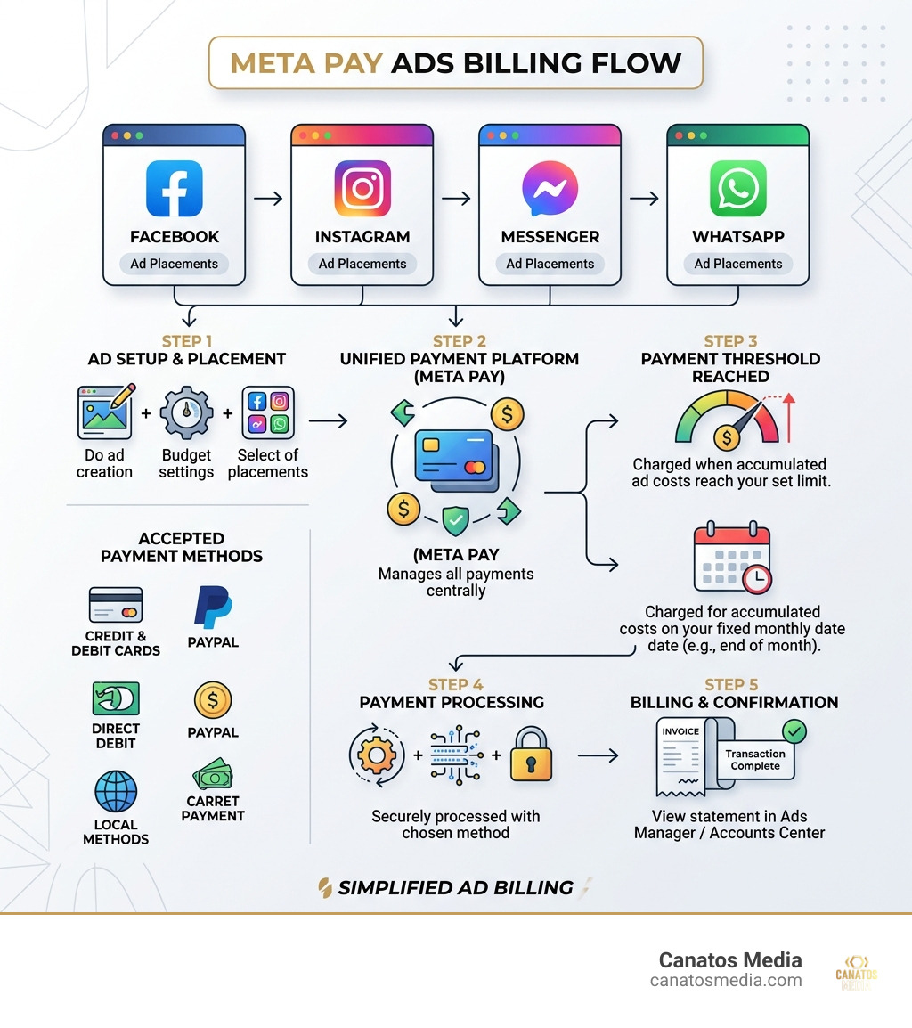 Infographic showing Meta Pay ads billing flow across Facebook, Instagram, Messenger, and WhatsApp with payment method types