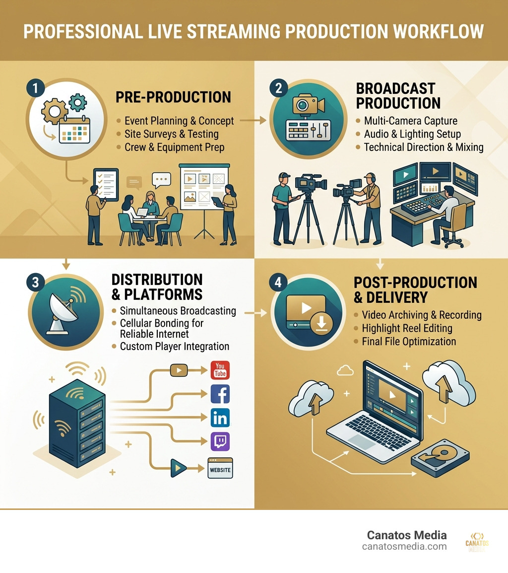 Live streaming production workflow infographic showing pre-production, broadcast, platforms, and post-delivery - live