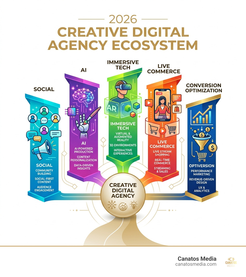2026 creative digital agency ecosystem showing pillars: social, AI, immersive tech, live commerce, and conversion
