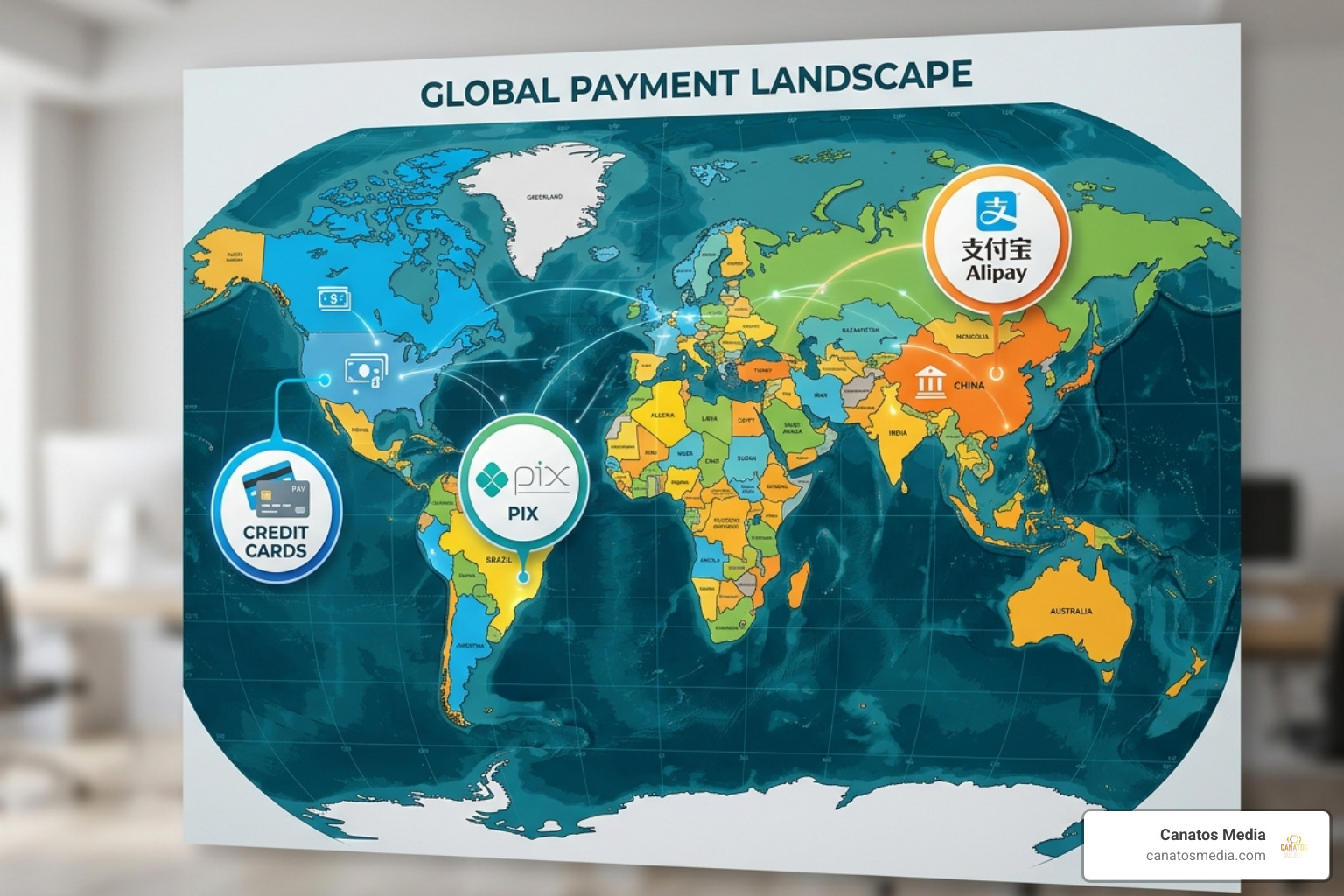 World map showing various payment methods like PIX, Alipay, and credit cards - meta pay ads