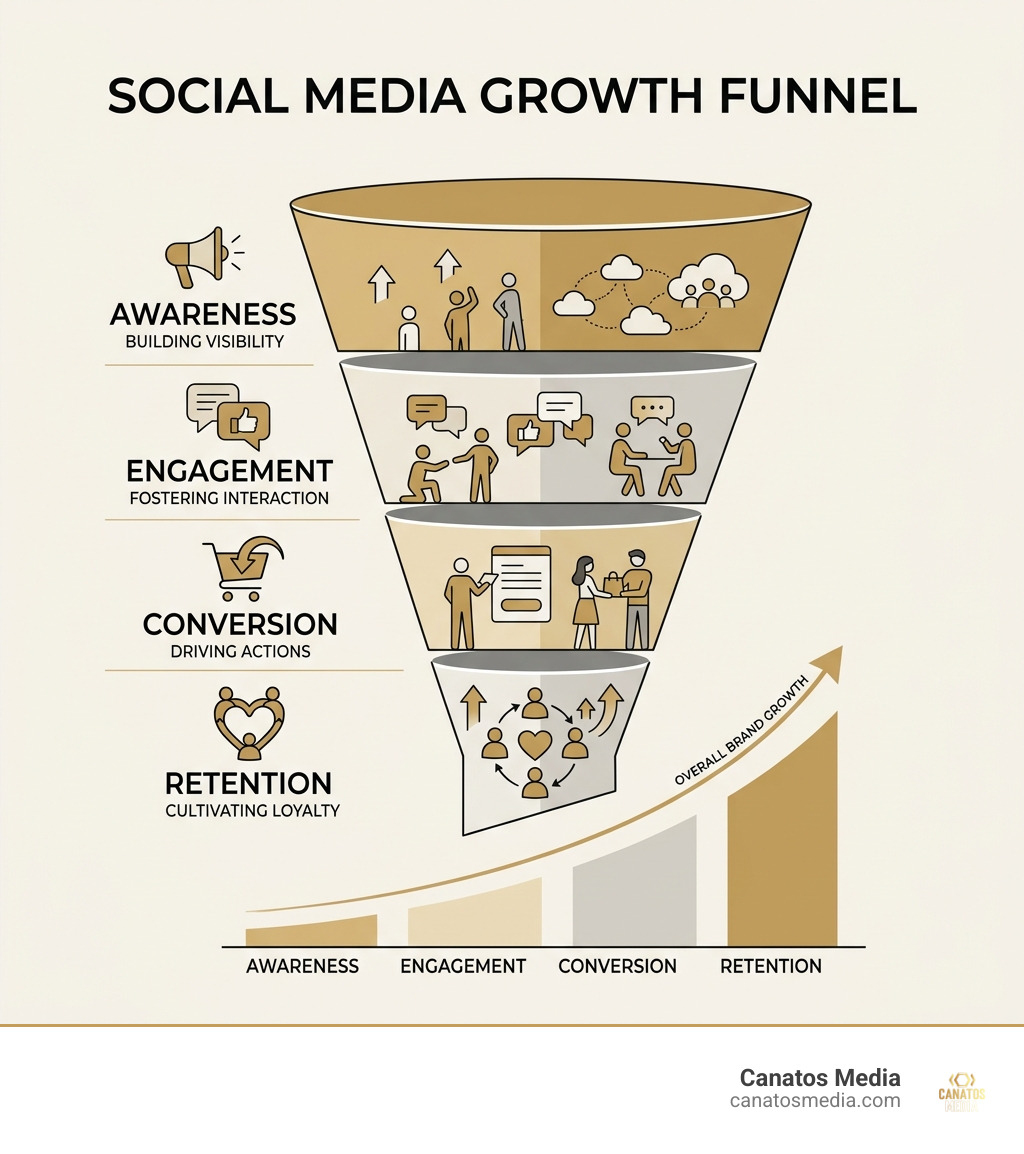 Social media growth funnel showing awareness, engagement, conversion, and retention stages - social media marketing agency