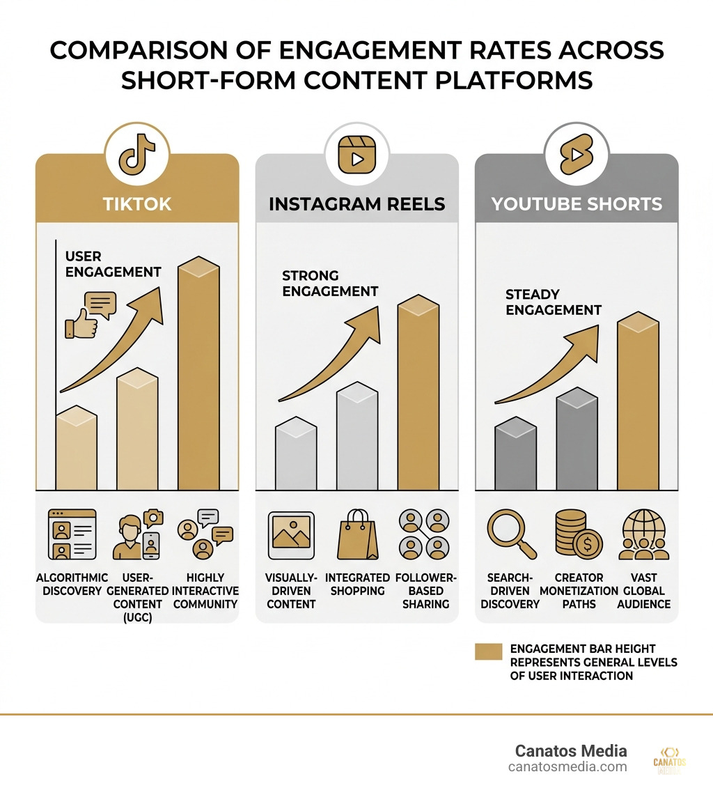 Comparison of engagement rates across TikTok, Reels, and YouTube Shorts - most popular short-form content platforms