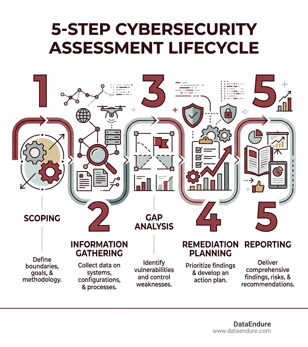 5-step cybersecurity assessment lifecycle: scoping, information gathering, gap analysis, remediation planning, reporting 5-step cybersecurity assessment lifecycle: scoping, information gathering, gap analysis, remediation planning, reporting