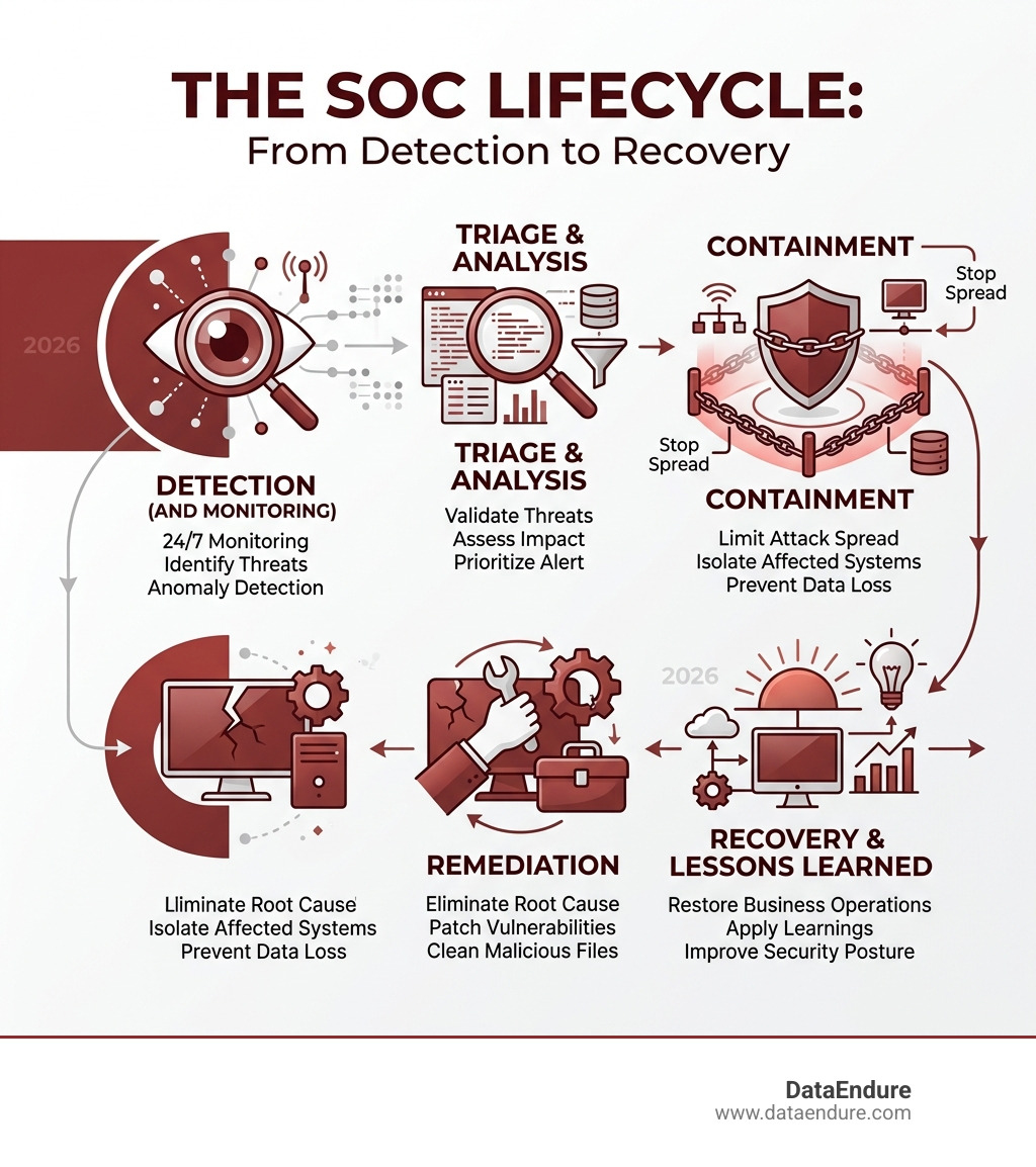 SOC lifecycle from threat detection through containment to remediation and recovery - what does a security operations center SOC lifecycle from threat detection through containment to remediation and recovery - what does a security operations center