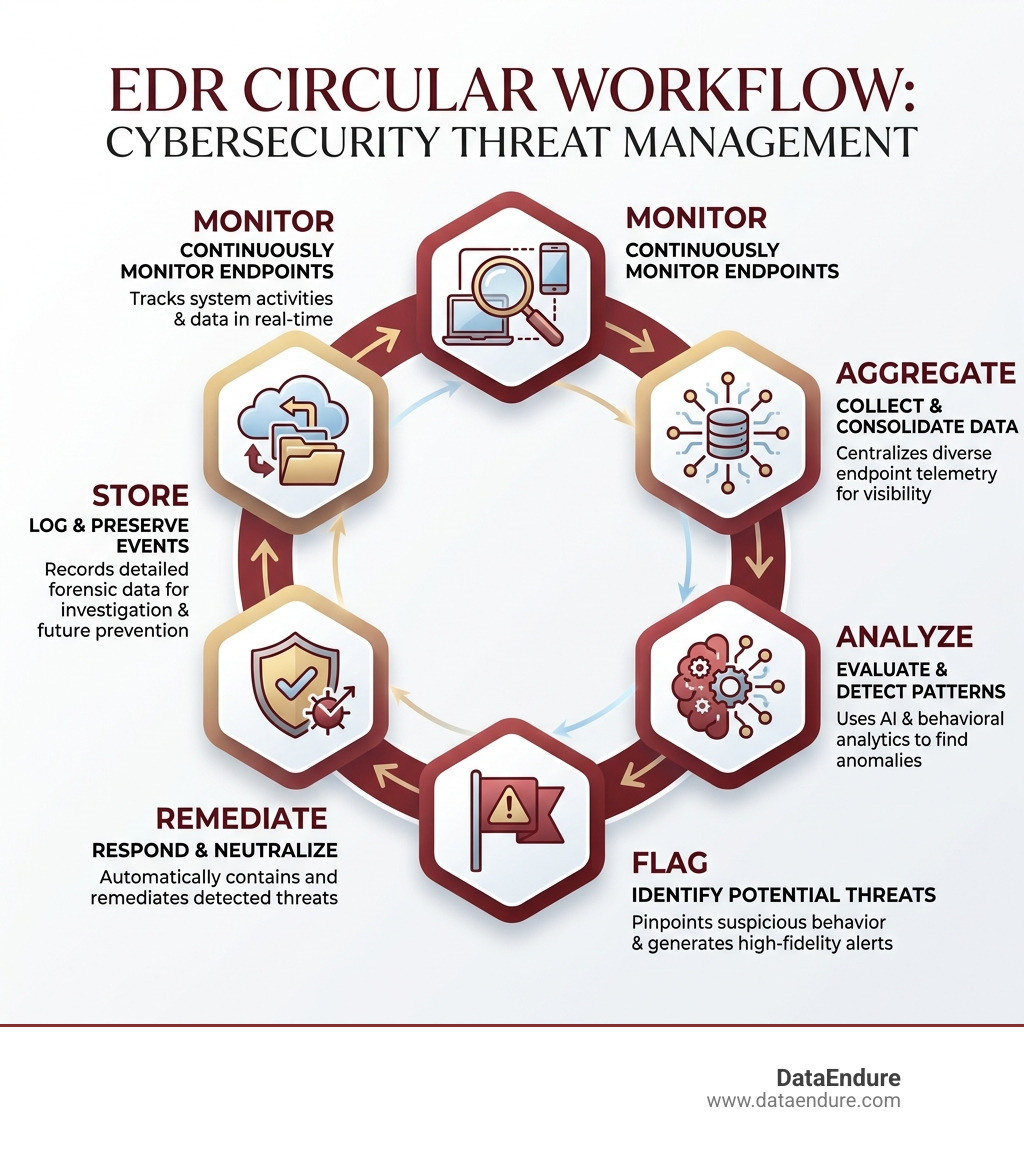 EDR circular workflow: Monitor, Aggregate, Analyze, Flag, Remediate, Store - edr in cyber security infographic EDR circular workflow: Monitor, Aggregate, Analyze, Flag, Remediate, Store - edr in cyber security infographic