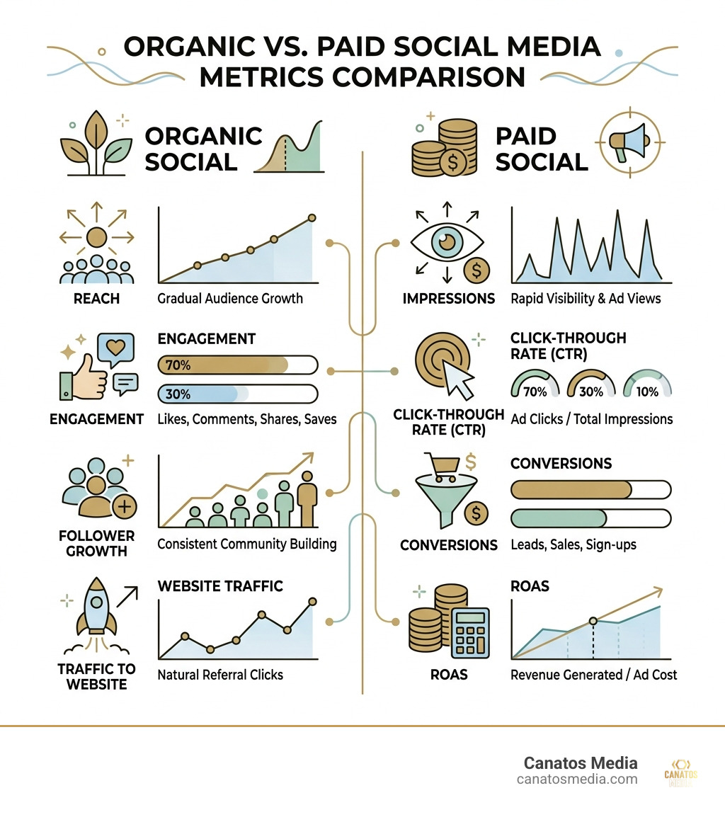 infographic comparing organic vs paid social media metrics - social media management infographic 