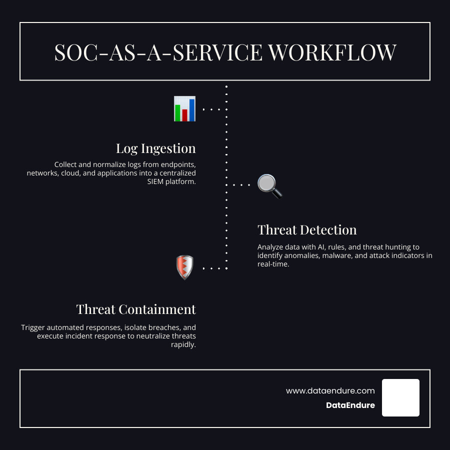 SOC-as-a-Service workflow from log ingestion to threat containment infographic - managed soc provider infographic
