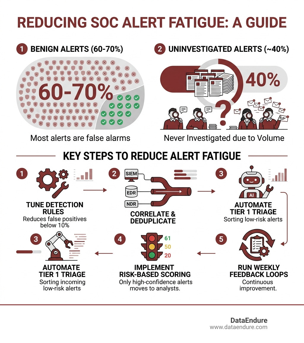 Infographic: 60-70% of SOC alerts are benign; 40% are never investigated; key steps to reduce alert fatigue - reduce SOC Infographic: 60-70% of SOC alerts are benign; 40% are never investigated; key steps to reduce alert fatigue - reduce SOC