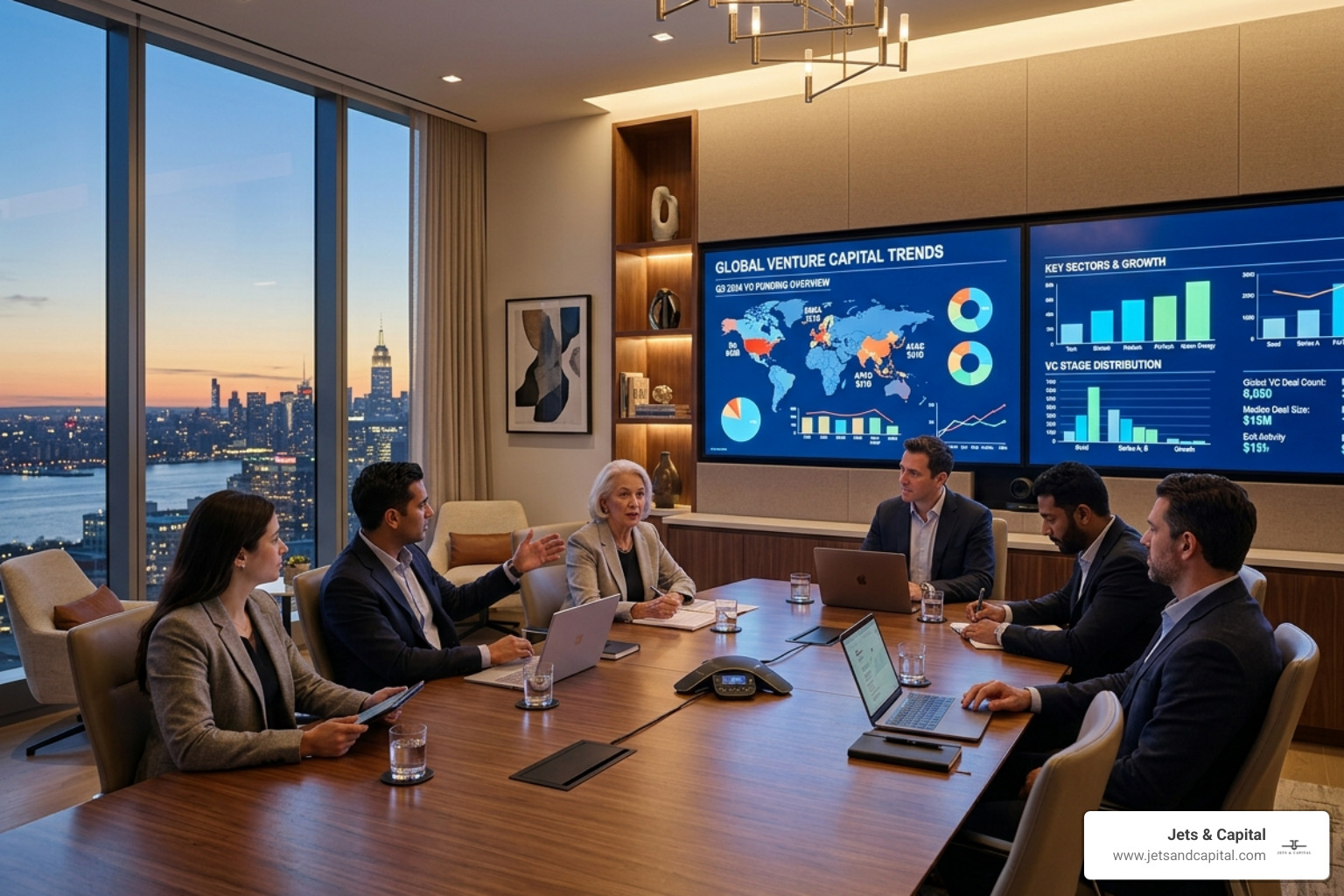 Modern family office boardroom with digital displays showing global venture trends - family office venture capital Modern family office boardroom with digital displays showing global venture trends - family office venture capital
