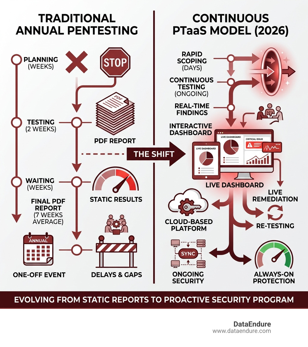 Infographic showing shift from traditional annual pentesting to continuous PTaaS model with real-time findings - pentest as Infographic showing shift from traditional annual pentesting to continuous PTaaS model with real-time findings - pentest as