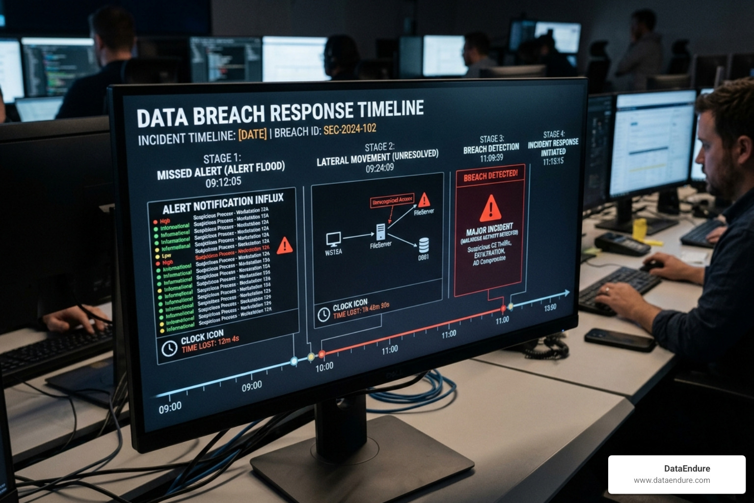 Timeline of a data breach caused by a missed signal due to alert fatigue - reduce SOC alert fatigue Timeline of a data breach caused by a missed signal due to alert fatigue - reduce SOC alert fatigue