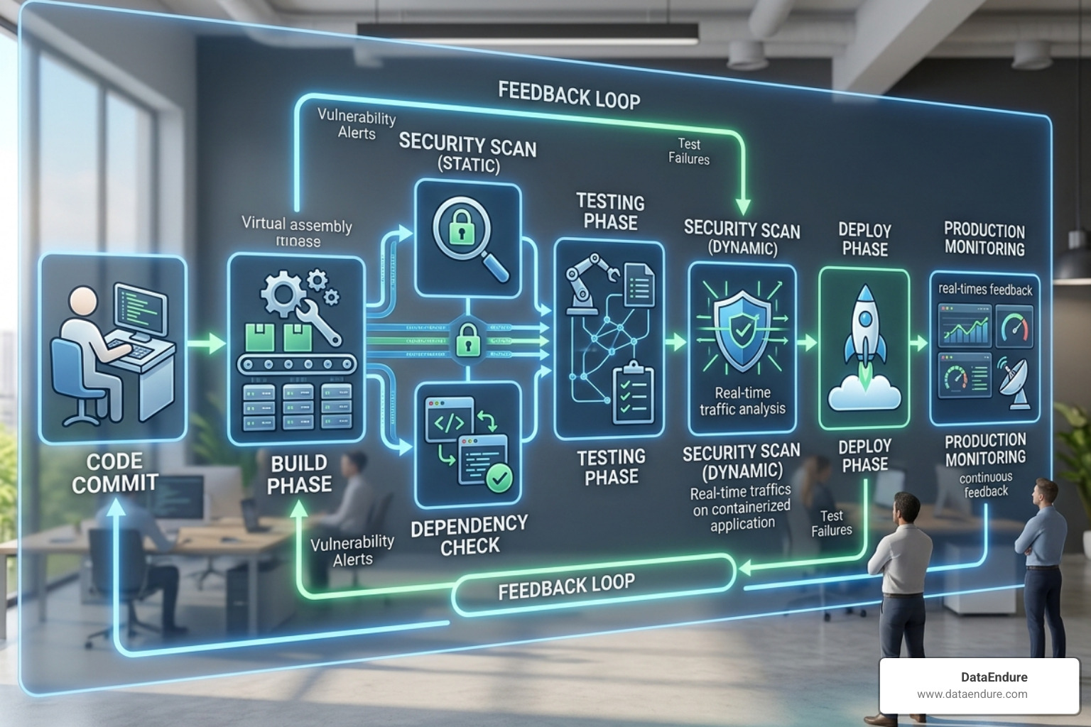 A DevSecOps pipeline showing security testing integrated into the build and deploy phases - pentest as a service A DevSecOps pipeline showing security testing integrated into the build and deploy phases - pentest as a service