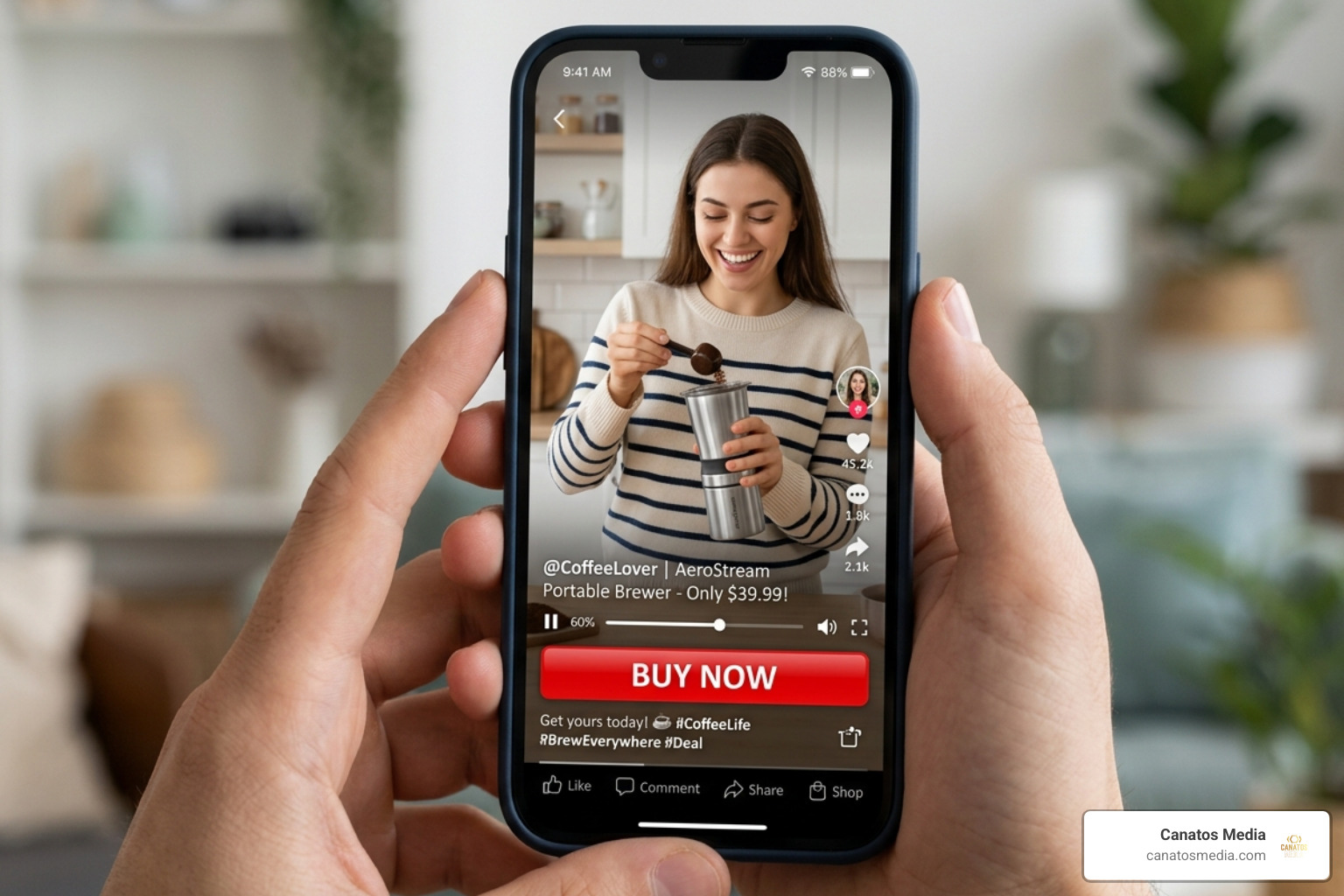Impulse buy button on a video interface - short-form video platforms Impulse buy button on a video interface - short-form video platforms
