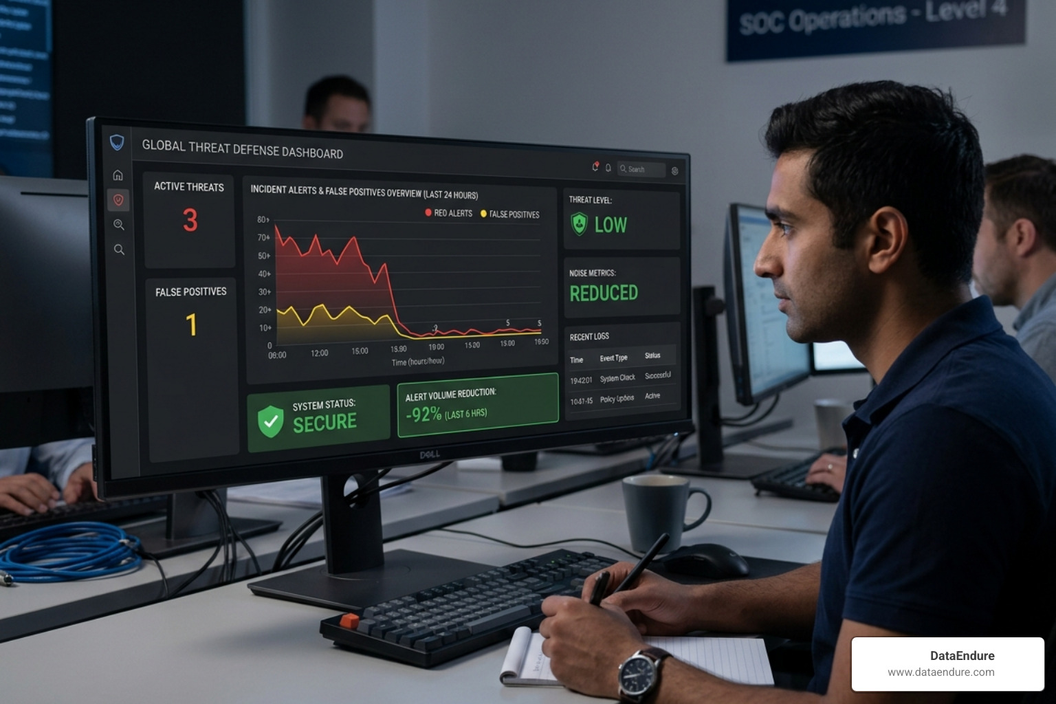 dashboard showing a massive reduction in alert noise and false positives - managed soc provider
