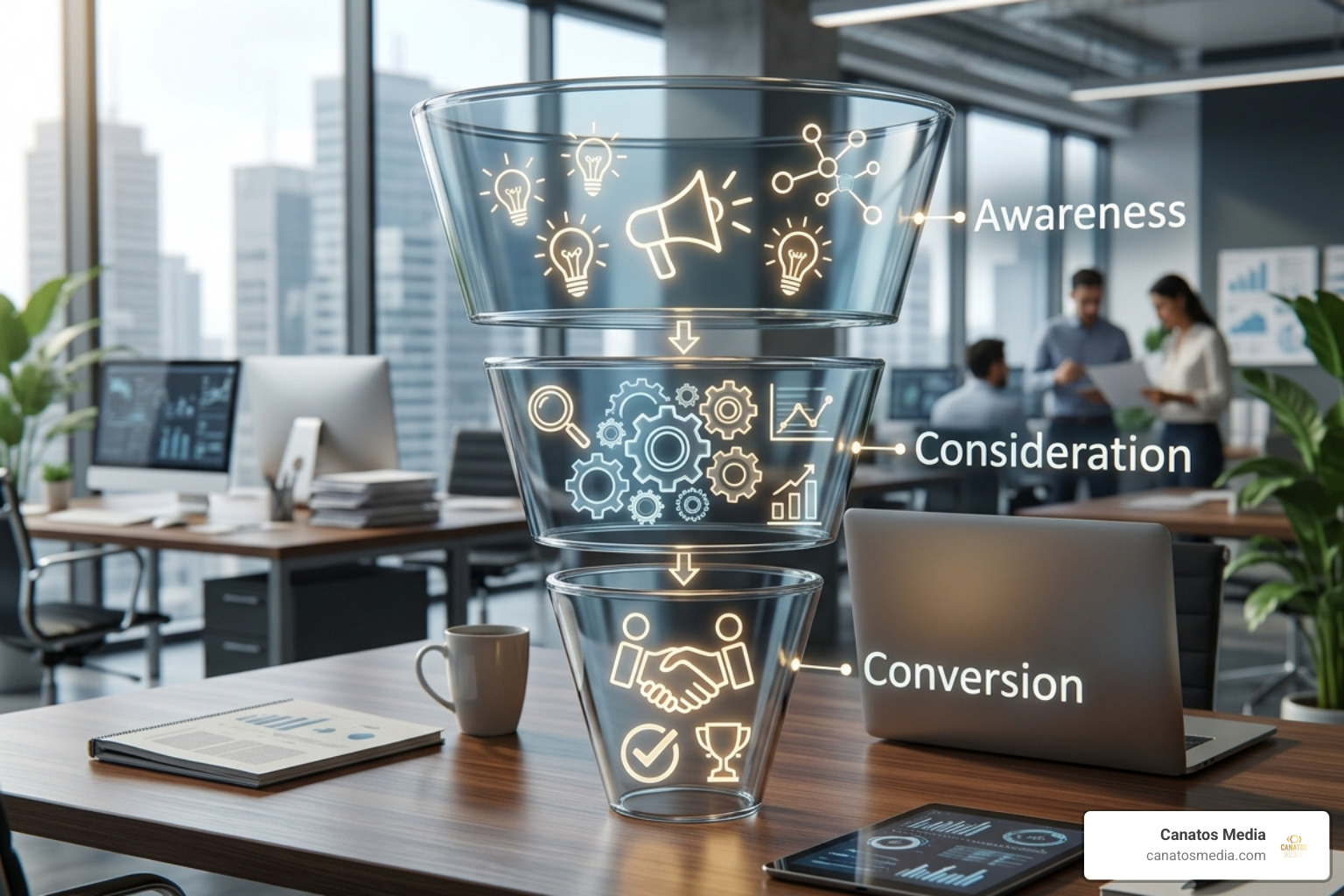 Full-funnel B2B marketing diagram showing Awareness, Consideration, and Conversion stages - linkedin paid campaign strategy