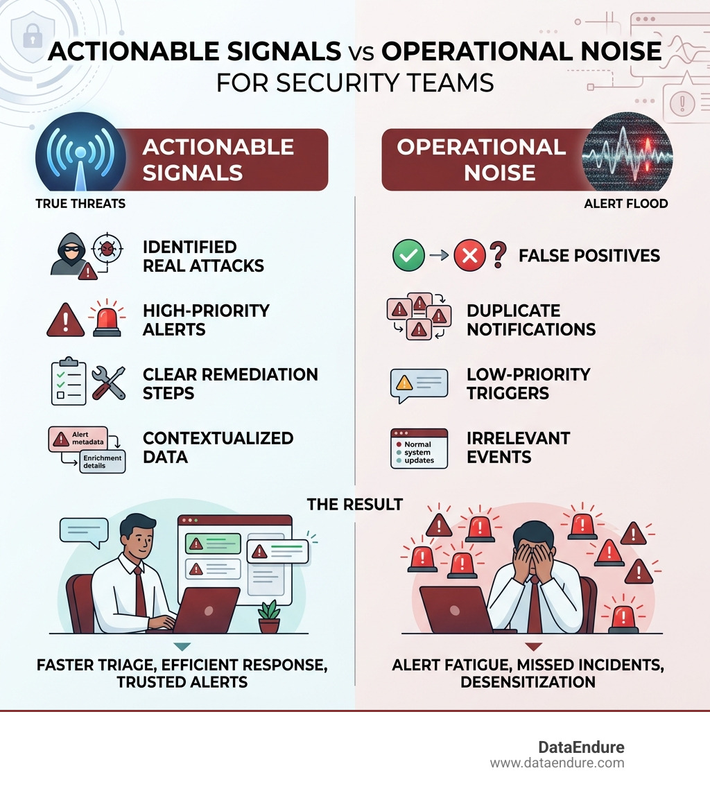 Actionable signals vs operational noise infographic for security teams - reduce alert noise infographic Actionable signals vs operational noise infographic for security teams - reduce alert noise infographic