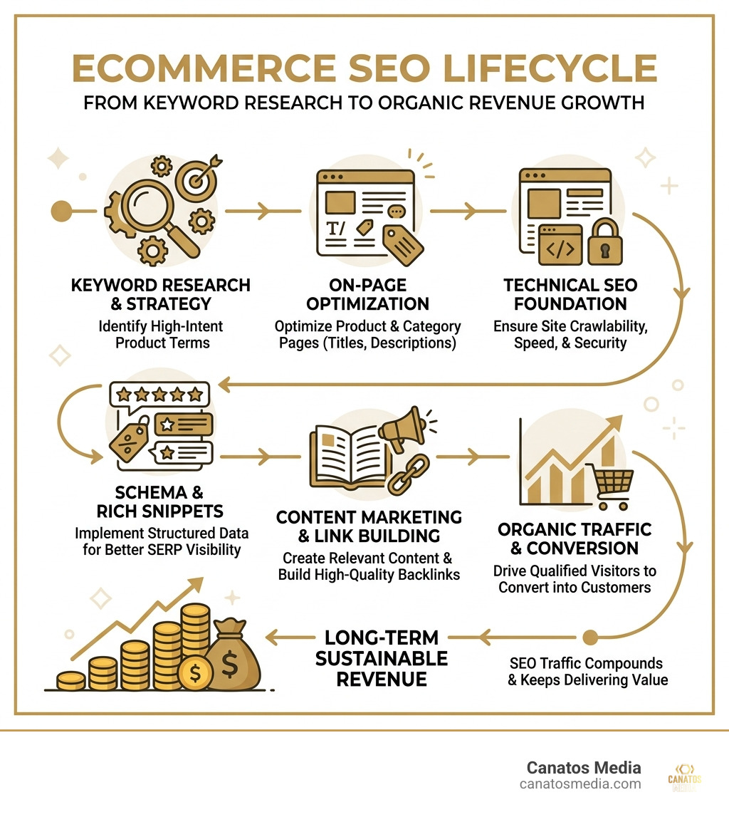 Ecommerce SEO lifecycle infographic showing stages from keyword research to organic revenue growth - ecommerce website seo
