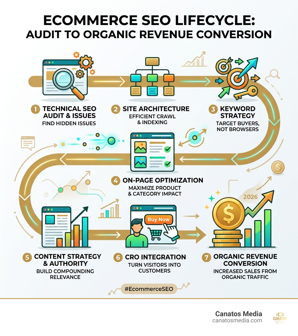 Ecommerce SEO lifecycle from audit to organic revenue conversion infographic - ecommerce seo consultant infographic 