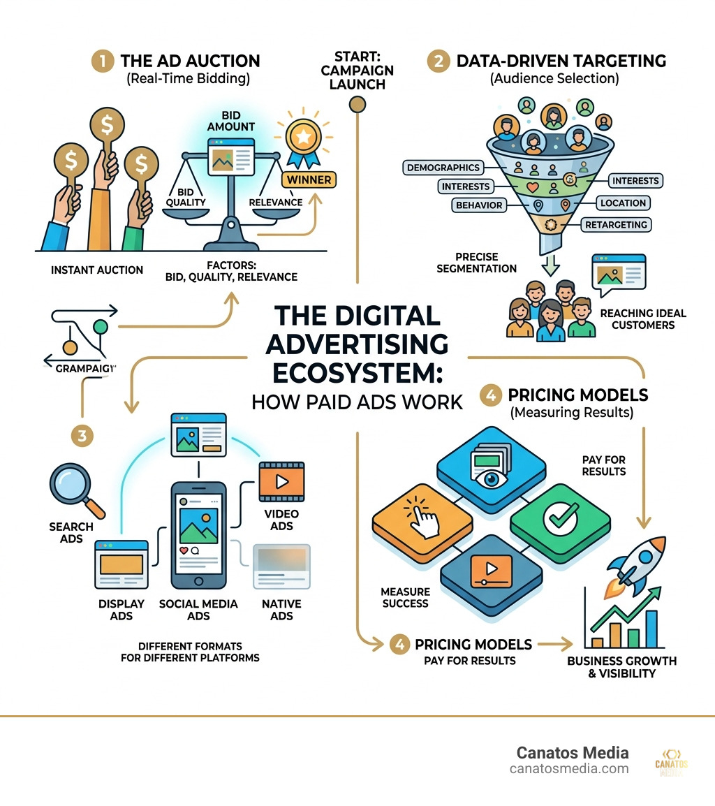 How paid ads fit into the digital advertising ecosystem: auction, targeting, formats, and pricing models - paid ads