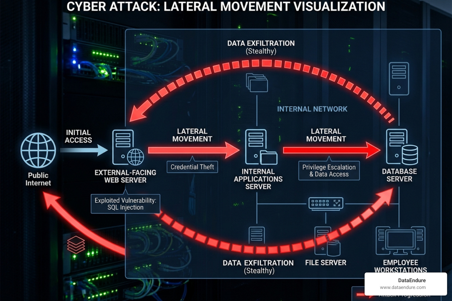 Network diagram showing lateral movement and vulnerability exploitation - 24x7 security monitoring Network diagram showing lateral movement and vulnerability exploitation - 24x7 security monitoring