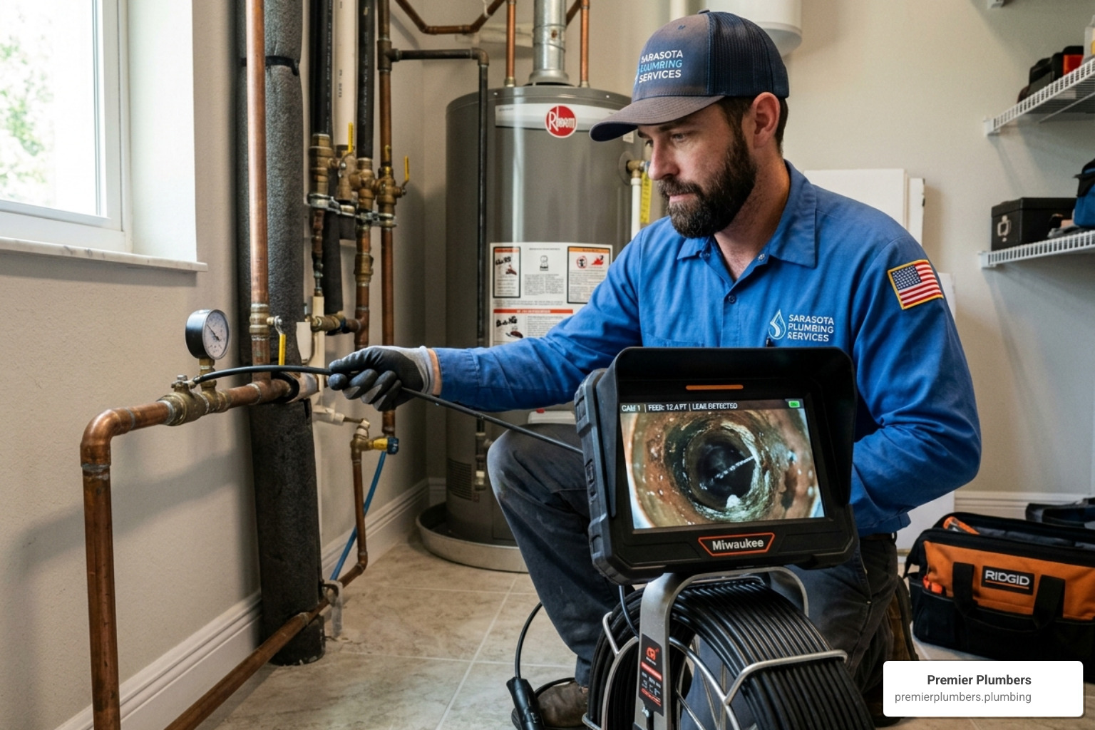 plumber using a high-definition camera inspection tool to diagnose a water line leak - sarasota water line repair plumber using a high-definition camera inspection tool to diagnose a water line leak - sarasota water line repair
