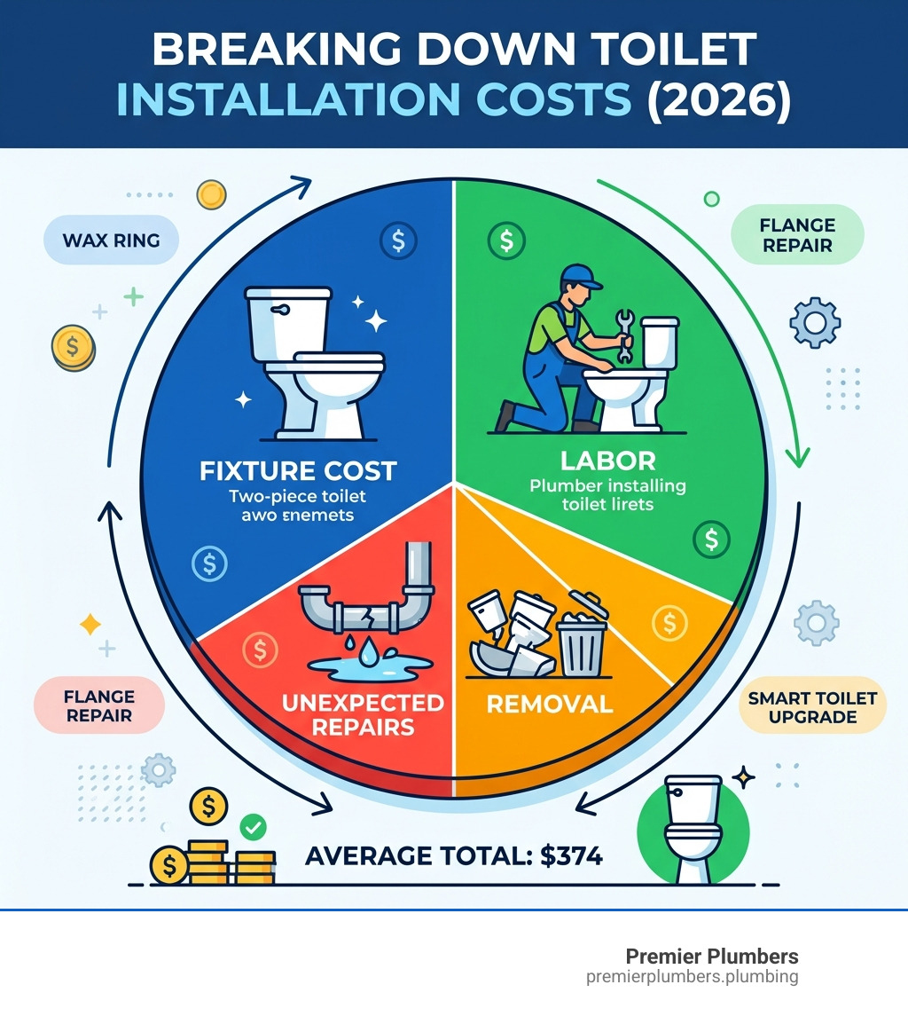 Infographic breaking down toilet installation costs by category: fixture, labor, removal, and unexpected repairs - plumbing