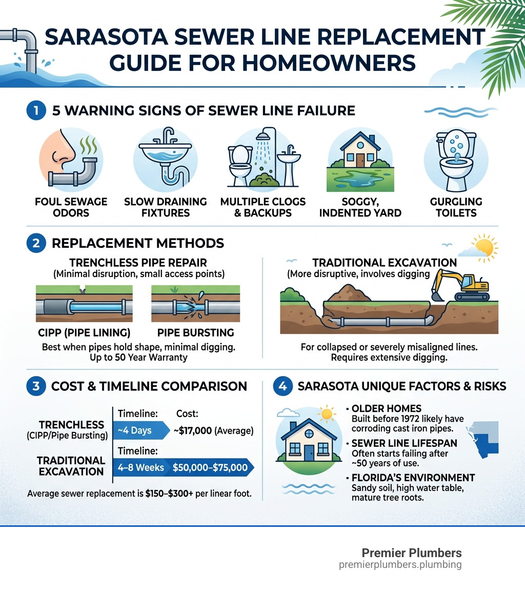 Infographic showing sewer line replacement process, costs, methods, and warning signs for Sarasota homeowners - sewer line