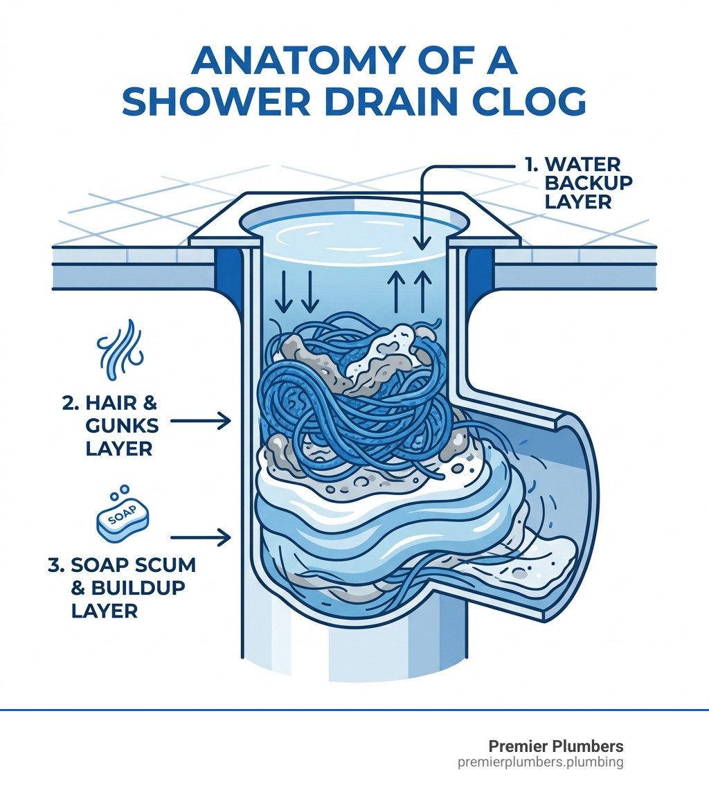 anatomy of a shower drain clog showing hair, soap scum, and water backup layers - unclog shower drain infographic anatomy of a shower drain clog showing hair, soap scum, and water backup layers - unclog shower drain infographic