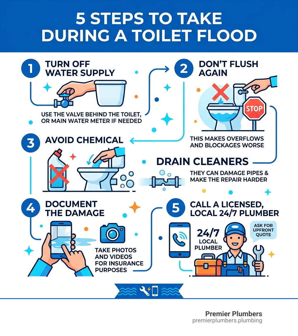 5 steps to take during a toilet flood infographic - emergency toilet plumber infographic 