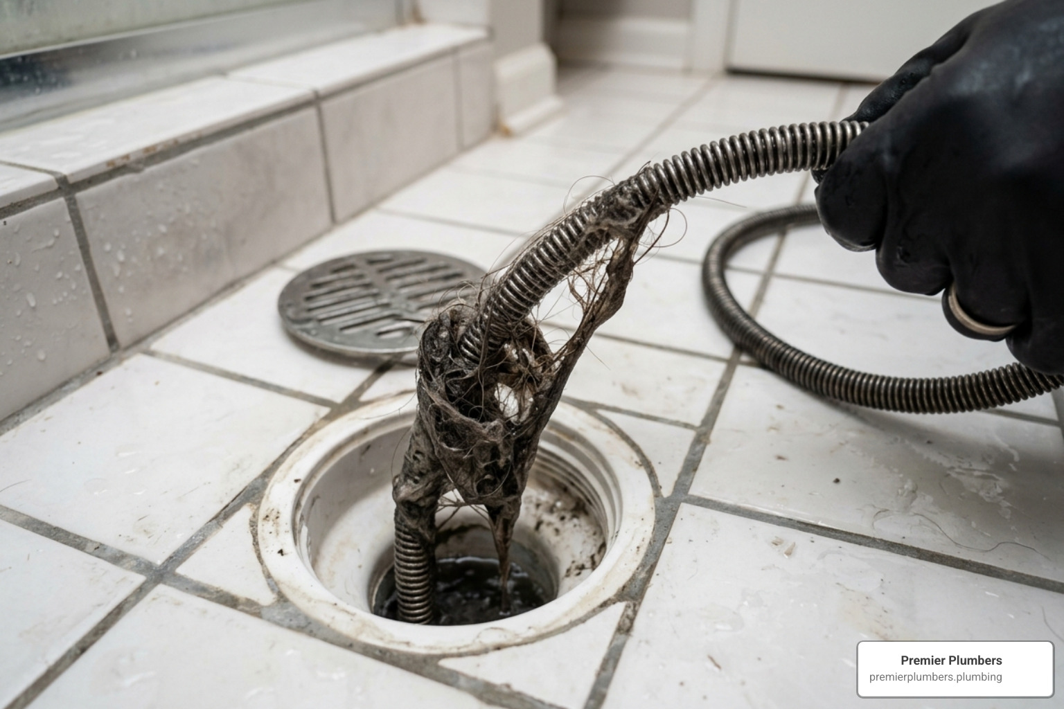 drain snake removing a large hair clog from a pipe - unclog shower drain drain snake removing a large hair clog from a pipe - unclog shower drain