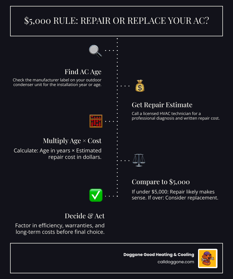 infographic showing the $5000 rule formula AC age times repair cost with repair vs replace outcomes - the 5000 dollar rule