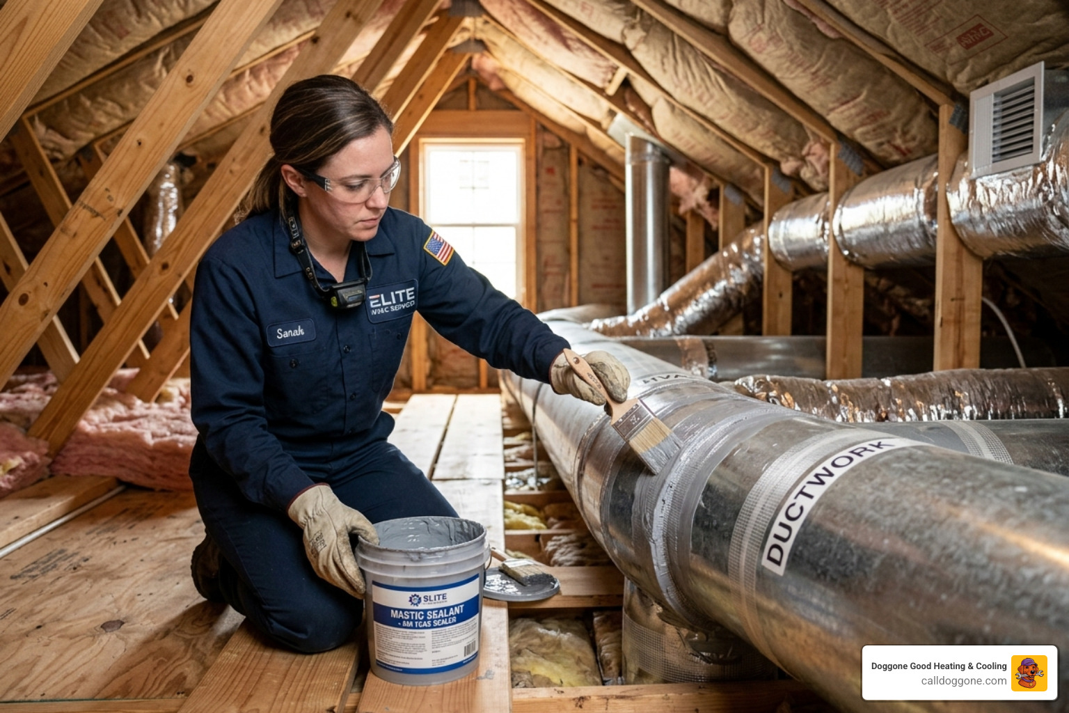 HVAC technician applying mastic sealant to a ductwork joint to prevent air leaks - how properly maintained ducts improve HVAC technician applying mastic sealant to a ductwork joint to prevent air leaks - how properly maintained ducts improve