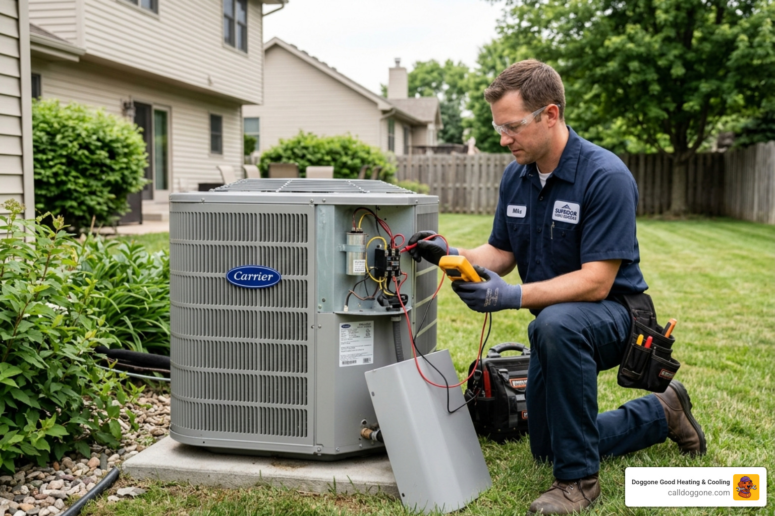 HVAC technician using a multimeter on a condenser unit during an inspection - the 5000 dollar rule for ac replacement