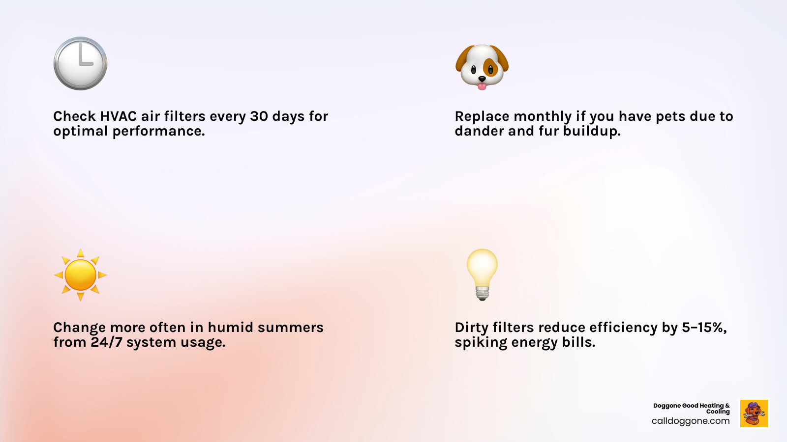 Infographic showing filter change frequency by type, household factors like pets and allergies, and how filters trap dust