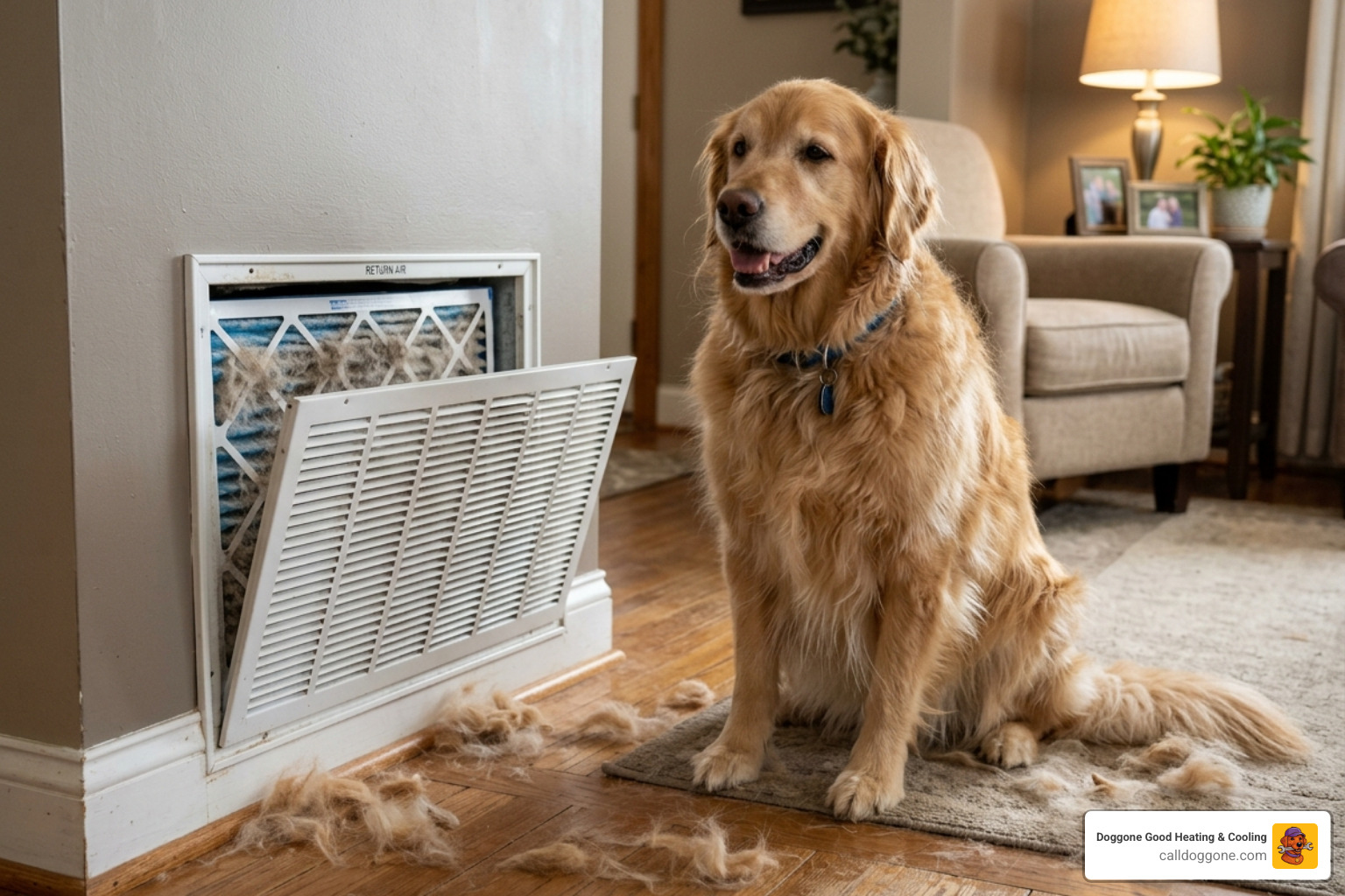A large dog shedding hair near a home's return air vent where the HVAC filter is located - how often should you change your