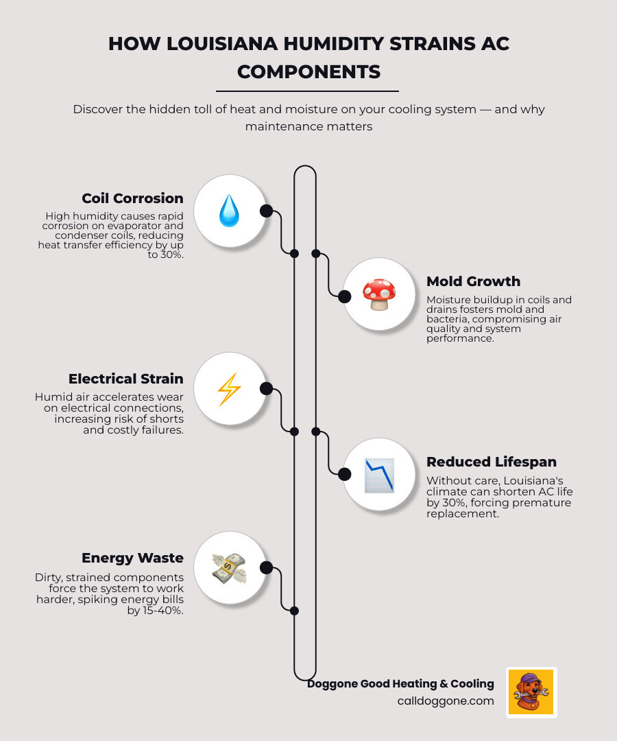 Infographic showing how Louisiana humidity strains AC components and key benefits of regular maintenance - benefits of