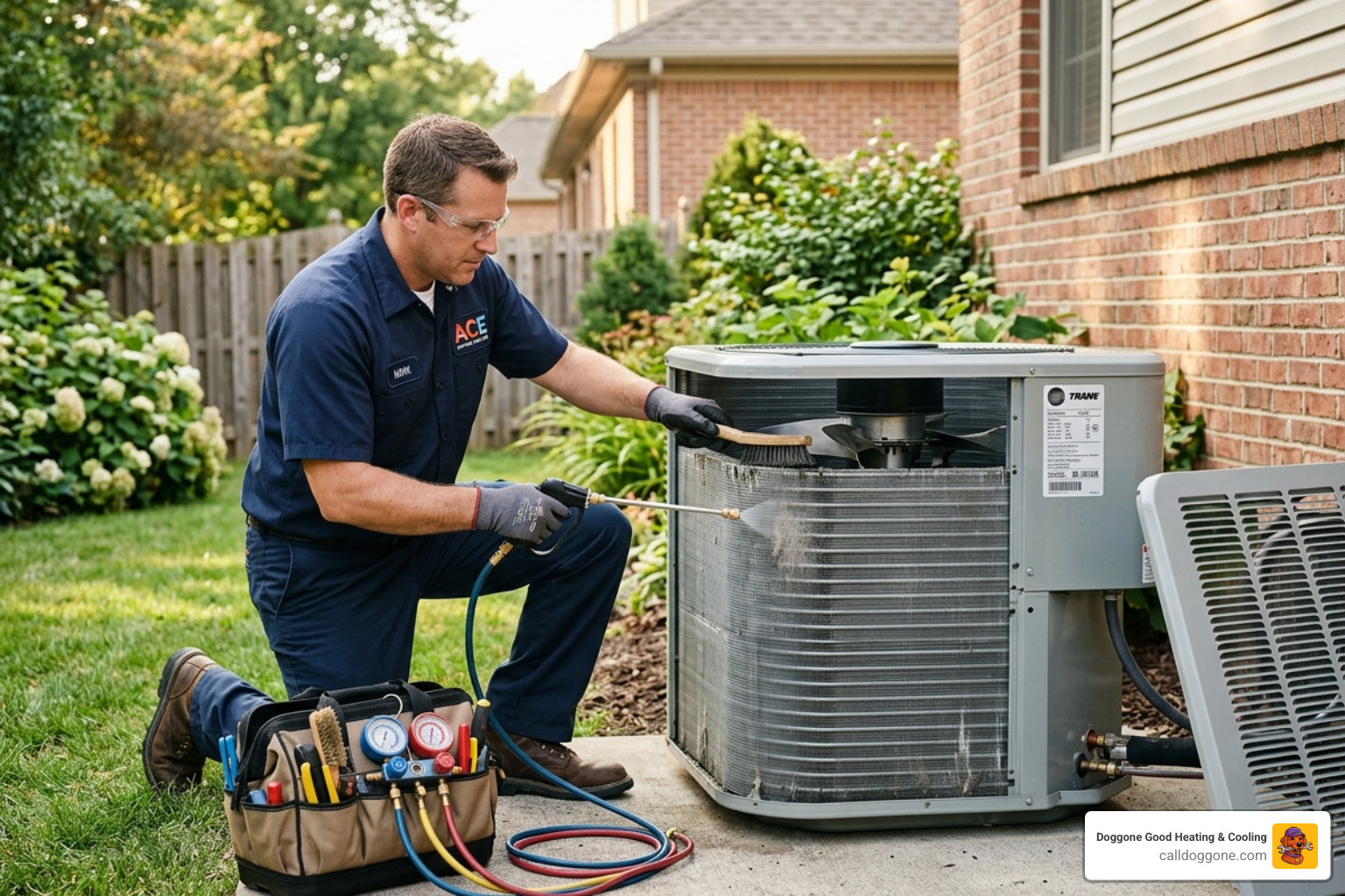 HVAC technician performing a precision tune-up on an outdoor condenser unit - benefits of regular ac maintenance in louisiana