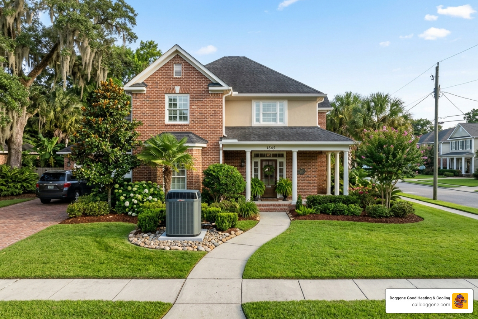 Residential home in Baton Rouge surrounded by lush landscaping and central air conditioning unit - is an hvac membership