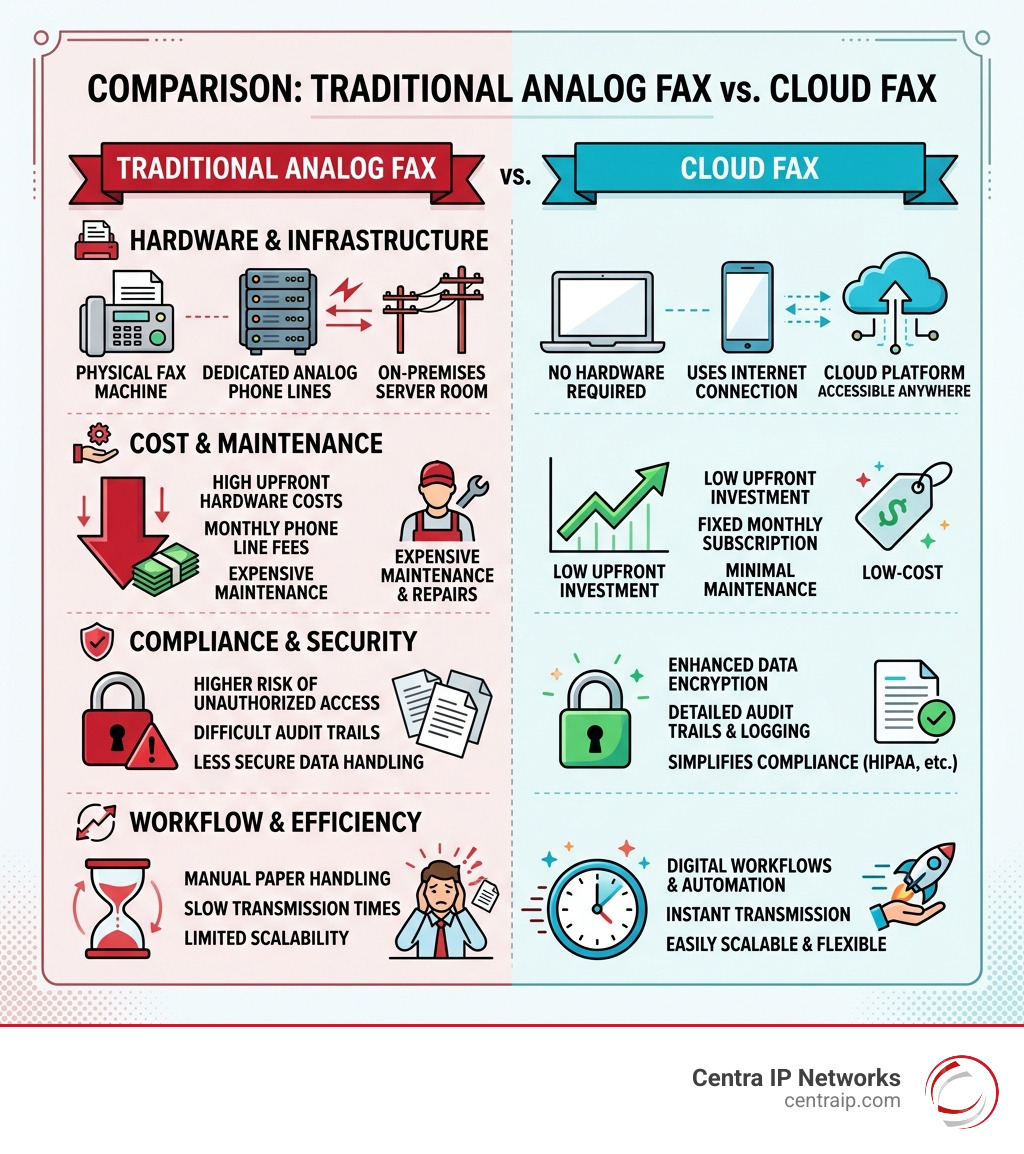Comparison infographic: traditional analog fax vs. cloud fax, showing hardware, cost, compliance, and workflow differences Comparison infographic: traditional analog fax vs. cloud fax, showing hardware, cost, compliance, and workflow differences