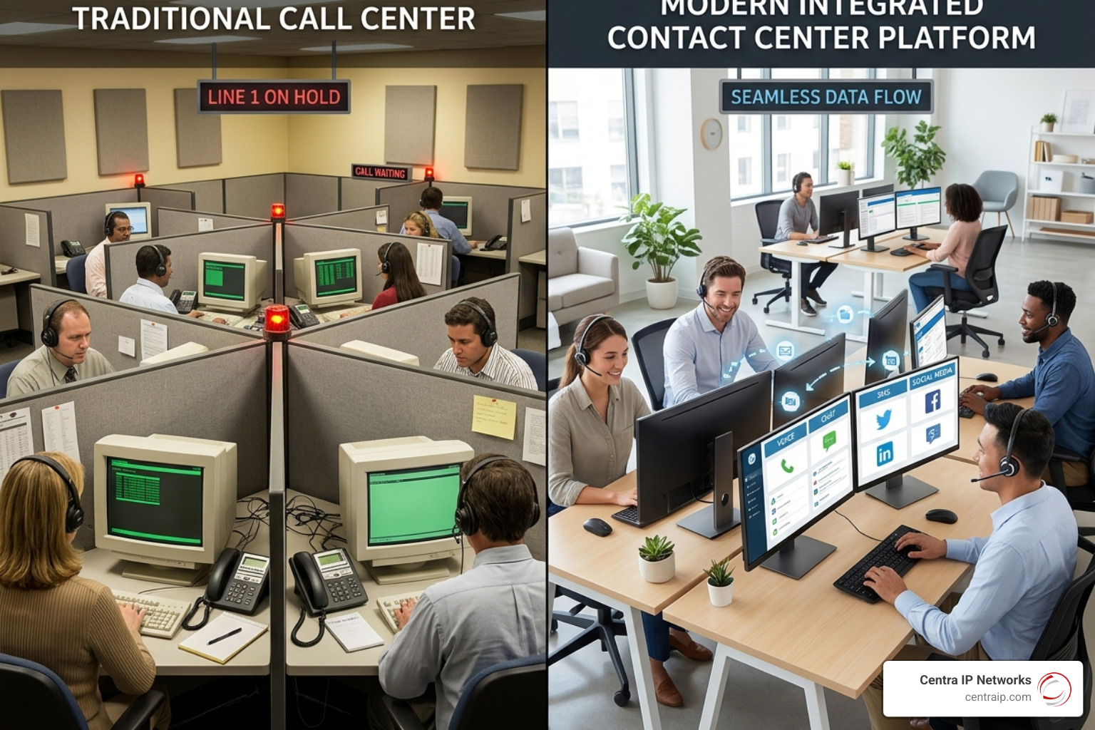 Comparison of traditional call center silos versus modern integrated contact center platforms - contact center customer Comparison of traditional call center silos versus modern integrated contact center platforms - contact center customer