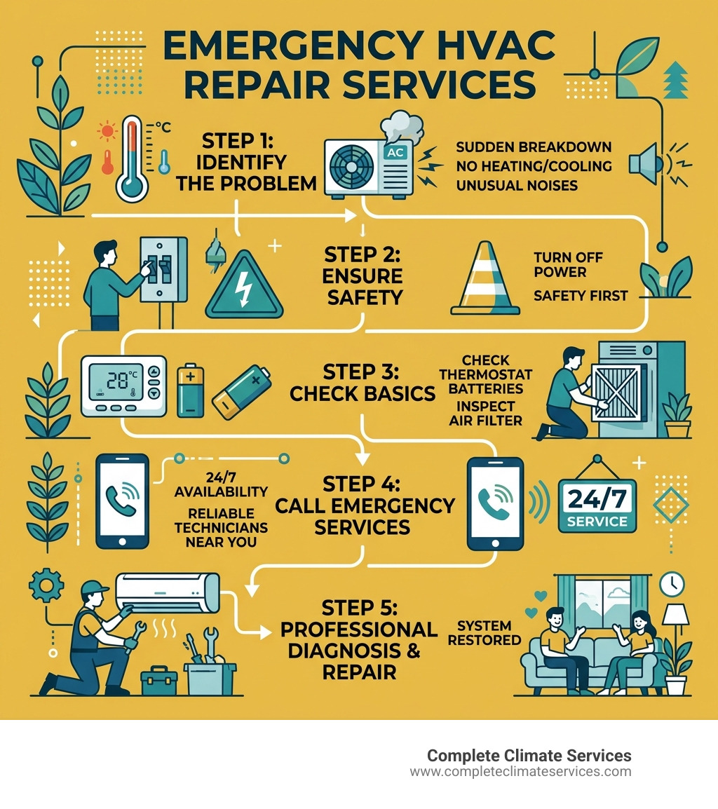 5-step emergency HVAC repair process infographic: 1. Identify the problem, 2. Ensure safety, 3. Check basics, 4. Call 24/7
