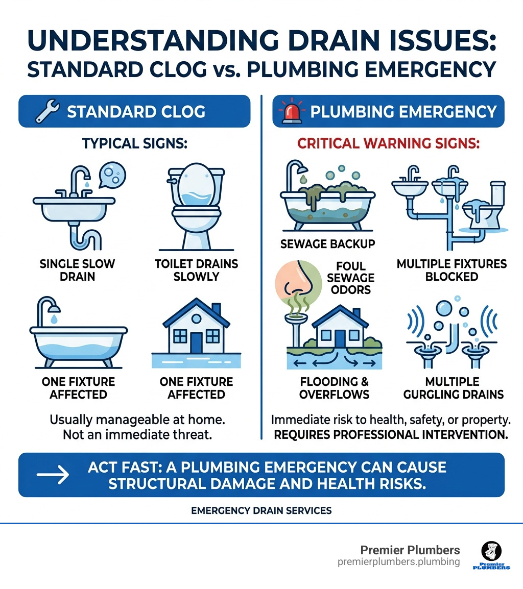 Infographic showing the difference between a standard drain clog and a plumbing emergency, with warning signs listed
