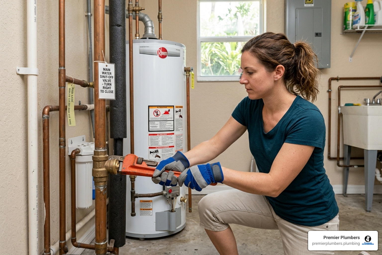 Homeowner in Florida turning off the main water shut-off valve to prevent further flooding - emergency blocked drain