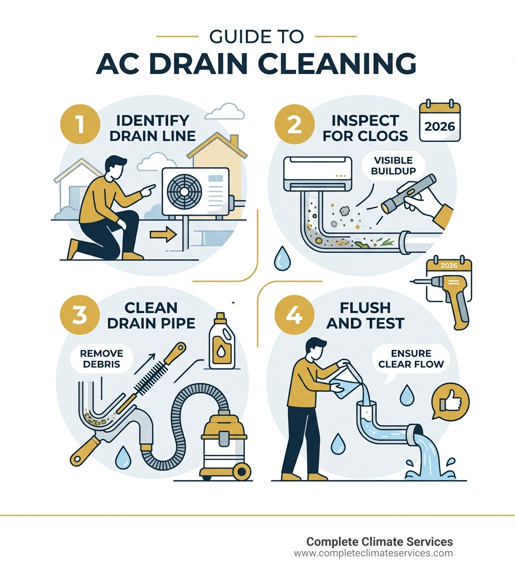 Step-by-step infographic showing the AC condensation and drainage process from evaporator coil to drain pan to PVC pipe to