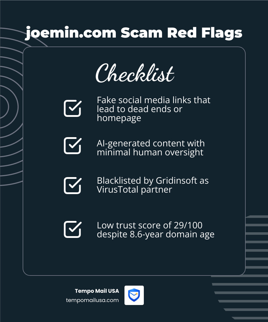 Comparison table of trust scores for suspicious domains - joemin.com scam infographic checklist-dark-blue Comparison table of trust scores for suspicious domains - joemin.com scam infographic checklist-dark-blue