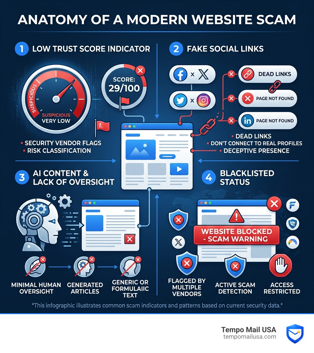 Anatomy of a modern website scam showing trust score indicators fake social links AI content and blacklist status Anatomy of a modern website scam showing trust score indicators fake social links AI content and blacklist status