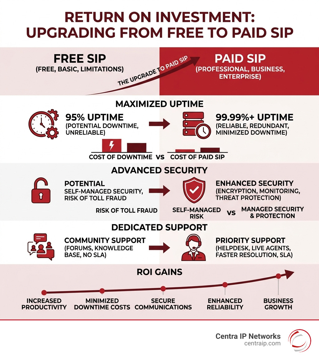 Infographic showing the ROI of upgrading from free to paid SIP: uptime, security, and support - free sip line infographic Infographic showing the ROI of upgrading from free to paid SIP: uptime, security, and support - free sip line infographic