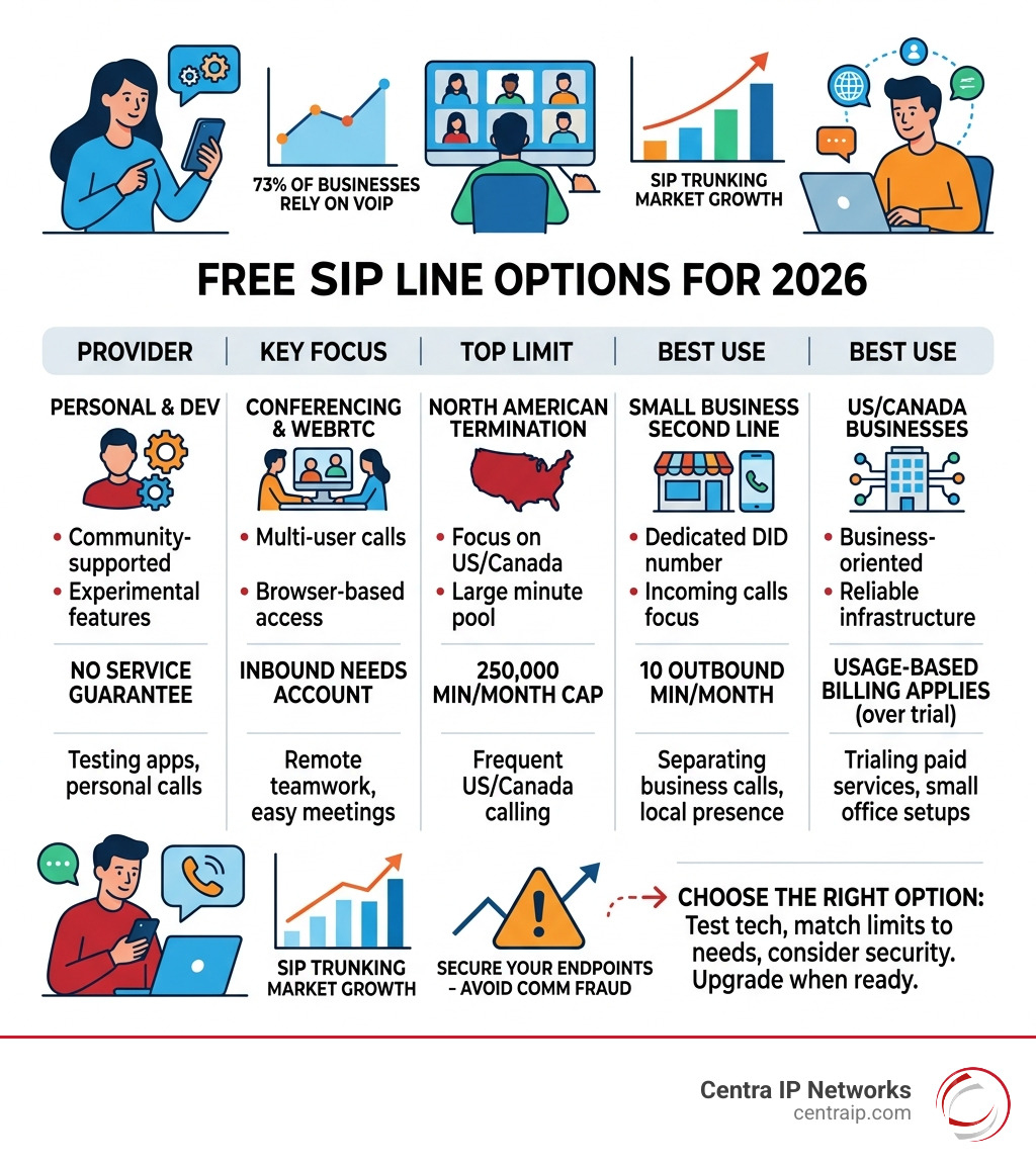 Infographic comparing free SIP lines: providers, features, limits, and use cases - free sip line infographic Infographic comparing free SIP lines: providers, features, limits, and use cases - free sip line infographic