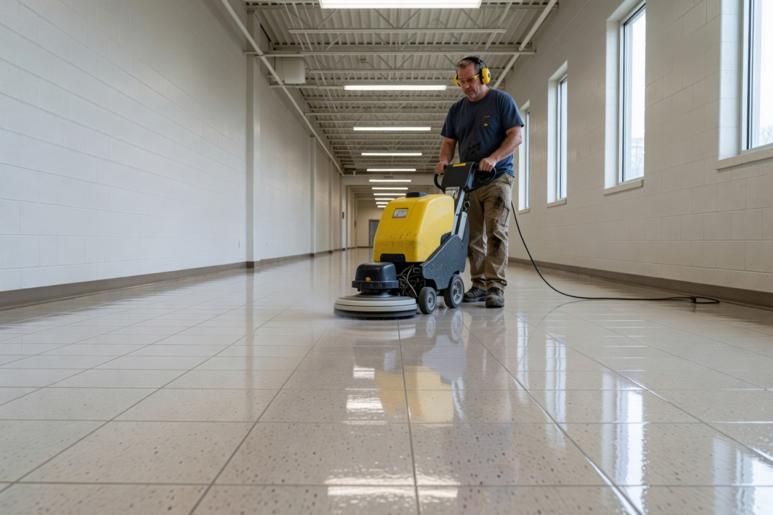technician using an industrial floor scrubber on VCT tile - waxing commercial tile floors