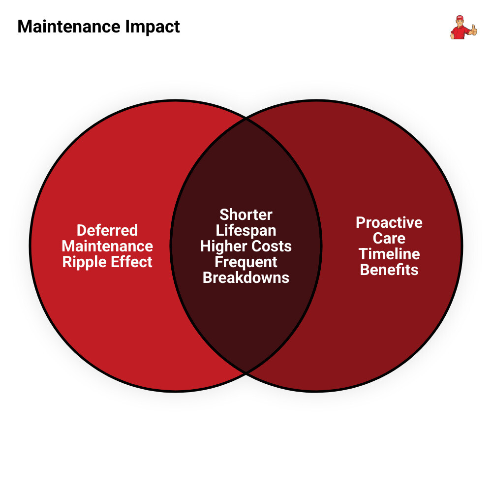 Infographic showing deferred maintenance ripple effect vs. proactive care timeline and lifespan outcomes - how a maintenance Infographic showing deferred maintenance ripple effect vs. proactive care timeline and lifespan outcomes - how a maintenance